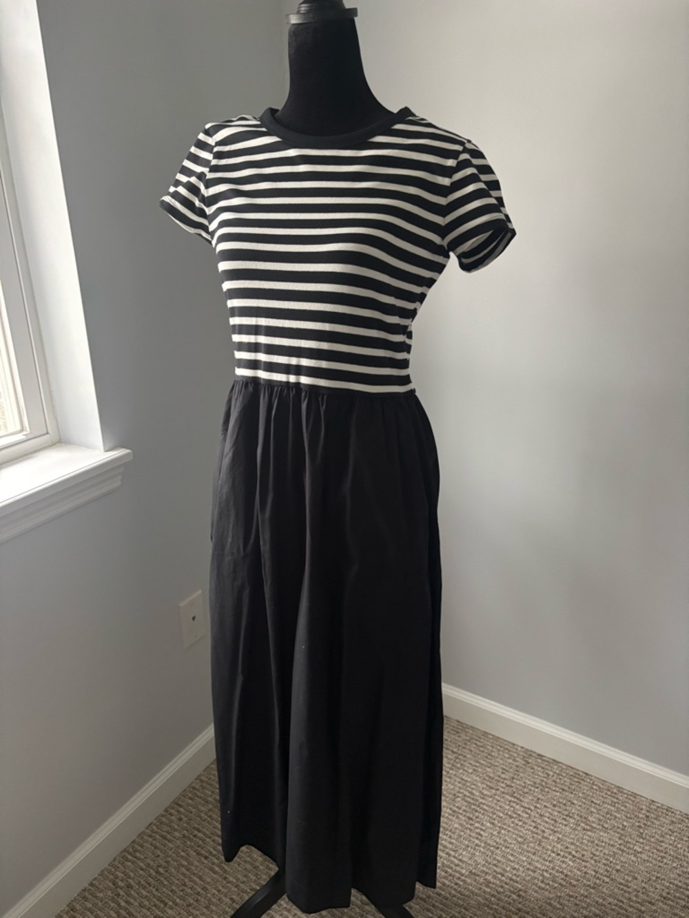 J.Crew Factory NWT Black & White Striped Short-Sleeve Midi Dress